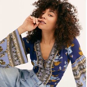 NEW-Free People-NWT-Byron Bay Nights Top, Navy, Size M (runs small). Retro/Boho.